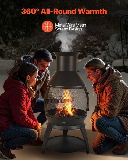 22 Inch Chiminea Outdoor Iron Fireplace with Grill Mesh & Chimney Coat