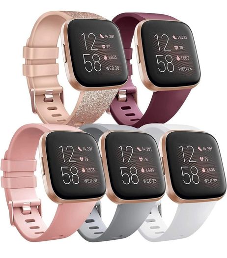 Pack 5 Silicone Straps Compatible with Fitbit Versa 2 Strap/Fitbit Versa Strap/Versa Lite Strap/Versa SE Strap, Classic Soft Replacement Sport Wristbands Accessories for Women Men (Pack A, S)