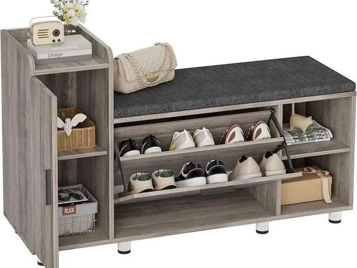 Shoe Storage Bench with Cushion, Grey Shoe Bench 105cm Lounge with 2 Shelves and 4 Compartments, Hallway Storage Unit with Seat, Living Room