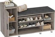 Shoe Storage Bench with Cushion, Grey Shoe Bench 105cm Lounge with 2 Shelves and 4 Compartments, Hallway Storage Unit with Seat, Living Room