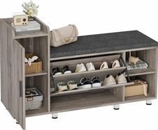 Shoe Storage Bench with Cushion, Grey Shoe Bench 105cm Lounge with 2 Shelves and 4 Compartments, Hallway Storage Unit with Seat, Living Room
