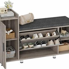 Shoe Storage Bench with Cushion, Grey Shoe Bench 105cm Lounge with 2 Shelves and 4 Compartments, Hallway Storage Unit with Seat, Living Room