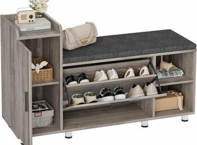 Shoe Storage Bench with Cushion, Grey Shoe Bench 105cm Lounge with 2 Shelves and 4 Compartments, Hallway Storage Unit with Seat, Living Room