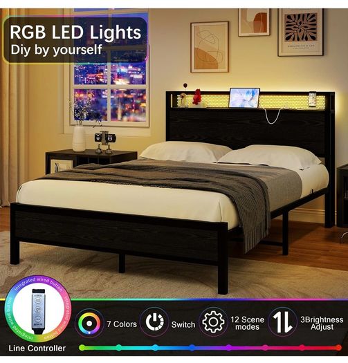 Double Bed Frame with LED Lights/Charging Station,4ft6 Metal Platform Bed Frame with Storage Headboard/Mattress Foundation/Metal Slat Support/No Box Spring Needed,Under-bed Storage,Black Bed