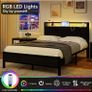 Double Bed Frame with LED Lights/Charging Station,4ft6 Metal Platform Bed Frame with Storage Headboard/Mattress Foundation/Metal Slat Support/No Box Spring Needed,Under-bed Storage,Black Bed Image 5