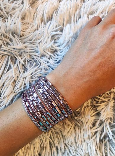 Purple Boho Multi-Layer Leather Bracelet with Rhinestones