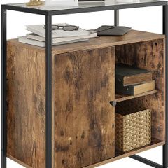 _Chest of drawers, kitchen cupboard, cupboard, console table with glass surface, living room, hallway, stable tempered glass, simple structure, industrial design, vintage, dark brown
