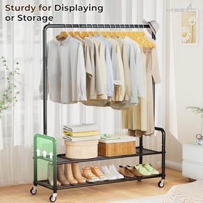 Heavy Duty Clothes Rail Rack with Shelves 46.5" Large Rolling Clothing Rack for Bedroom Hanging Rail for Clothes, Garment, Coat, Black