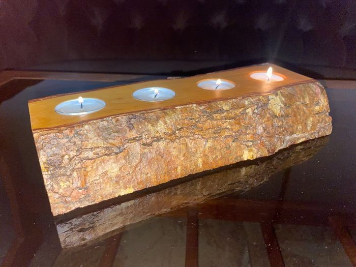 Stunning Rustic Live Edge Pine Wood Tea Light Holder Yule Log Waxed and Sealed