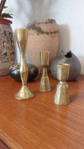 Fabulous Set of Three Jahi Brushed Gold Brass Candlesticks/Candleholders by the Ethical Lifestyle Brand Nkuku, Brand New with Tags