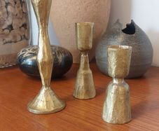 Fabulous Set of Three Jahi Brushed Gold Brass Candlesticks/Candleholders by the Ethical Lifestyle Brand Nkuku, Brand New with Tags