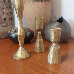 Fabulous Set of Three Jahi Brushed Gold Brass Candlesticks/Candleholders by the Ethical Lifestyle Brand Nkuku, Brand New with Tags