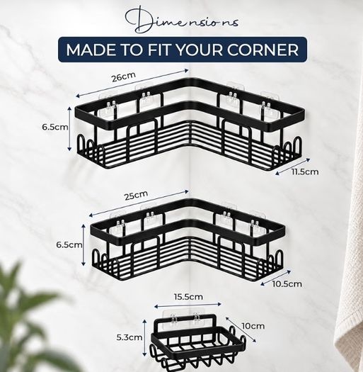 Shower Caddy, Black, 3-Pack | Rustproof, No Drilling, Bathroom Shelf, With Hooks