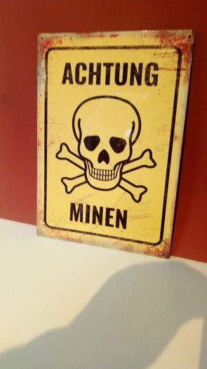 ACHTUNG MINEN Metal Tin Wall Sign Plaque Man Cave War German Mine Danger Warning