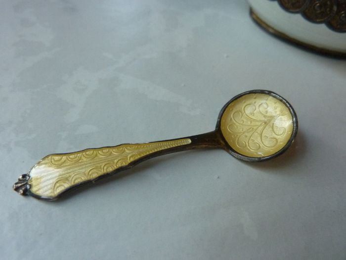 Theodor Olsens Eftf Norway Sterling Enamel Viking Ship Salt Cellar with NM Thune Enamelled Silver Spoon