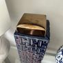 Blue and gold square lidded jar. Image 2