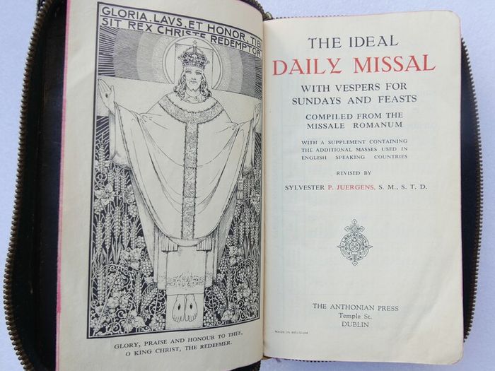 Vintage 1950s edition of "The Ideal Daily Missal" published by The Anthonian Press in Dublin.