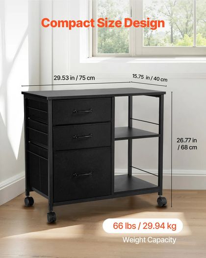 Metal File Cabinet, Mobile Filing Cabinet with 3 Fabric Drawers and 2 Open Shelves, Wooden Vertical Filing Storage Cabinets