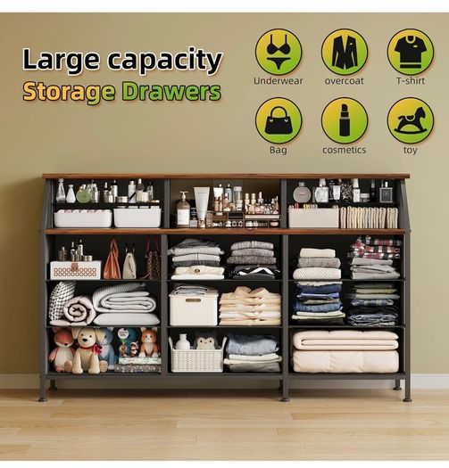 Dresser for Bedroom with 13 Drawers, 55 inchWide Chest of Drawers, Fabric Dresser with 2 Wooden Shelves, Storage Organizer Unit with Fabric Bins for Bedroom, Living Room, Hallway, Rustic Brown