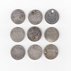 9 x 3d G.B. 921/2% SILVER COINS (up to, including 1919) ( no.369)