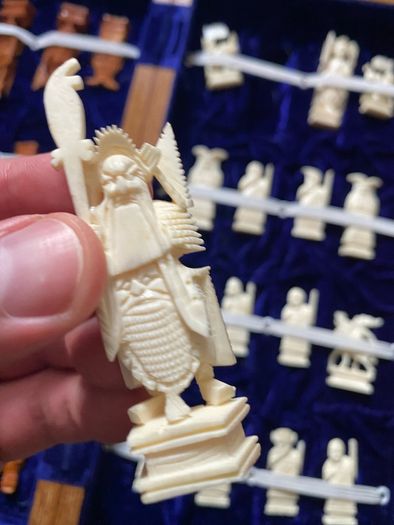 Vintage Chinese Bone Hand Carved Ivory Chess Set Hong Kong 1960s