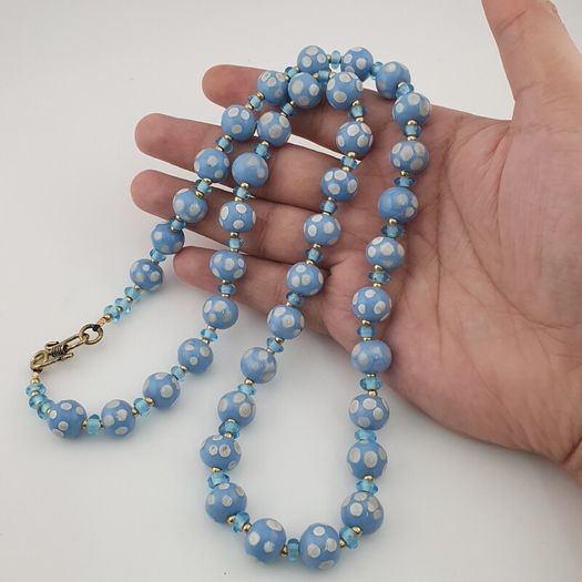 Vintage Venetian Style Light Blue White Dotted Glass Beads Necklace