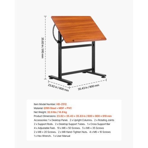 Drafting Table, Adjustable 0-90 Tilt Drawing Desk, Portable Artist Table with Black H-Frame and Brown Desktop