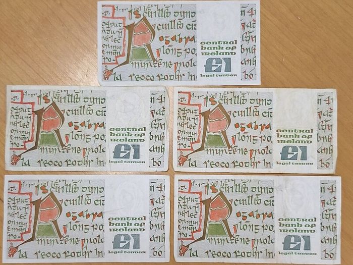 Irish Bank Notes - Meab 1 Punt / Pound Collection - FIVE Notes