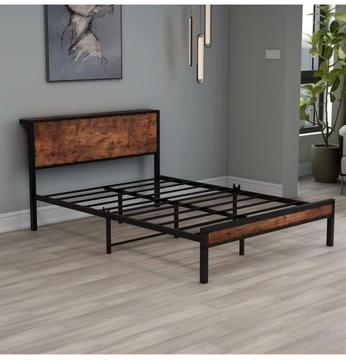 Double Bed Frame with Storage Headboard,Brown 4ft6 Metal Platform Bed frame with Wooden Headboard,Mattress Base,Underbed Storage,No Box Spring Needed