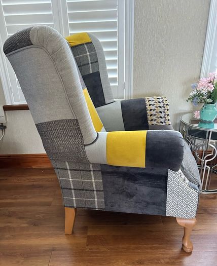 Stunning Queen Anne armchair. Ochre and grey velvet and tweeds with solid oak legs. Collection only Swords area.