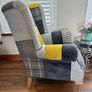 Stunning Queen Anne armchair. Ochre and grey velvet and tweeds with solid oak legs. Collection only Swords area. Image 2
