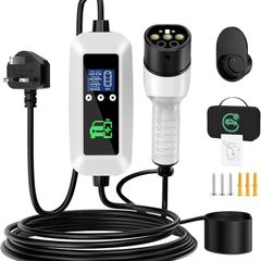 EV Charger Cable Type 2 to 3 Pin Plug 3KW, 6M, 6/8/10/13A, Adjustable Current EV Charger,With LED Screen Timing Delay IP66/IP65, With Carry Bag and Type 2 EV Cable Holder for EVs and PHEVs