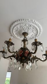 Large Vintage 8-Light Chandelier, Pink Porcelain Flowers & Crystal