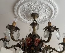 Large Vintage 8-Light Chandelier, Pink Porcelain Flowers & Crystal