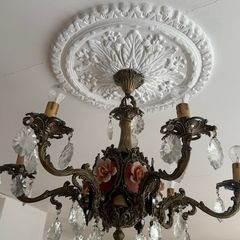 Large Vintage 8-Light Chandelier, Pink Porcelain Flowers & Crystal