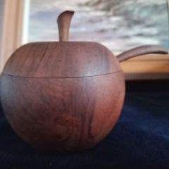 wooden apple pot with spoon