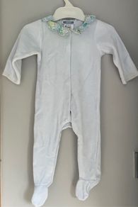 Jacadi Paris baby blue velour all in one with petal detail Sz 3-6 mths very good condition