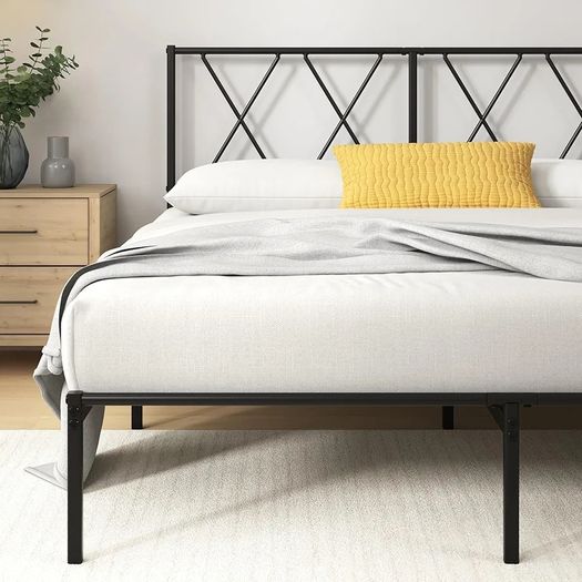 Modern Double Metal Bed Frame with Headboard (135 x 190 cm) Steel Slat Support, Easy Assembly Black