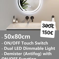 LED Bathroom Mirror 50x80cm Antifog Demister