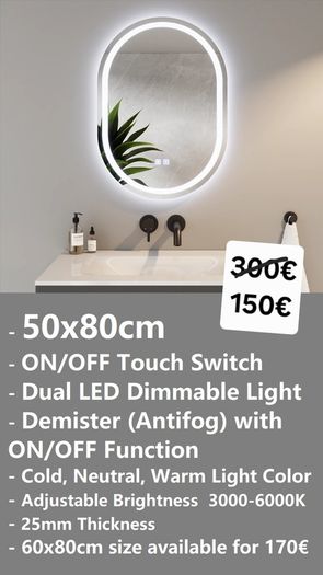 LED Bathroom Mirrors Selection Clock Speakers Bluetooth Demister Antifog Wi-Fi Weather Station Makeup