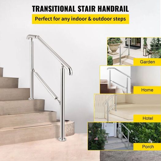 Stainless Steel Adjustable 3 Step Handrail for Indoor and Outdoor Stairs, 99.8 kg Capacity with Installation Kit for Porch and Steps