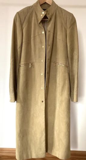 Karen Millen Satin Lined Suede Leather Duster Coat - Beige.