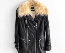 Pre Owned River Island Faux Leather Biker Jacket with Cream Faux Fur Collar