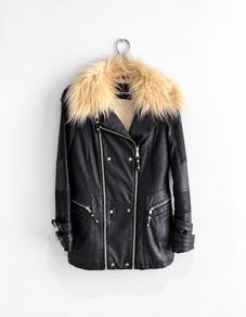 Pre Owned River Island Faux Leather Biker Jacket with Cream Faux Fur Collar