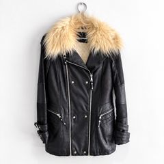 Pre Owned River Island Faux Leather Biker Jacket with Cream Faux Fur Collar