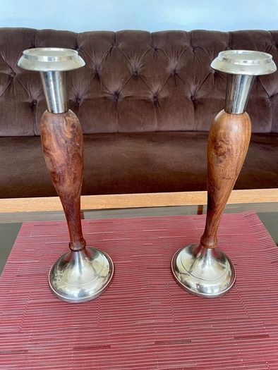 Vintage Tall Pair of Silver Metal and Wooden Candlestick Holders