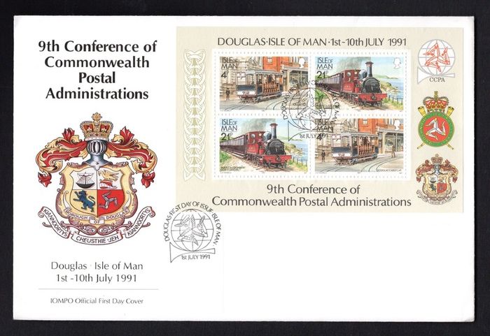 1991 Isle of Man 9th Conference of Commonwealth Postal Administrations (Manx Railways and Tramways) Stamp Miniature Sheetlet Addressed First Day Cover (FDC)