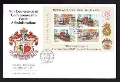 1991 Isle of Man 9th Conference of Commonwealth Postal Administrations (Manx Railways and Tramways) Stamp Miniature Sheetlet Addressed First Day Cover (FDC)