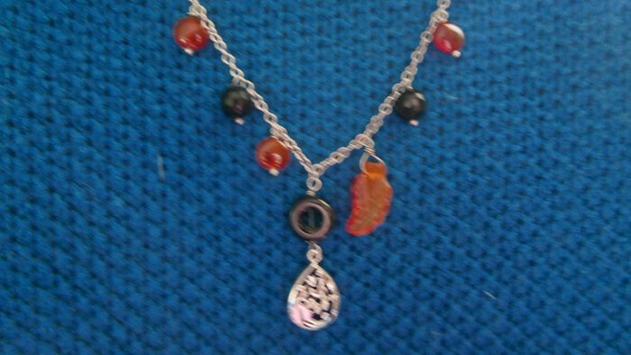 Vintage Sterling Silver 925 Bold, dramatic , silver, onyx, jasper necklace "NIGHT FIRE" 11,2g L-11"
