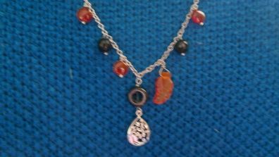 Vintage Sterling Silver 925 Bold, dramatic , silver, onyx, jasper necklace "NIGHT FIRE" 11,2g L-11"